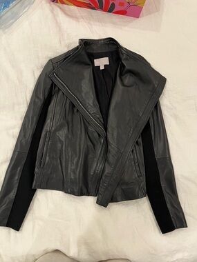Chelsea28 Black Leather Moto Jacket with Knit Sleeve Panels